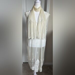 Vintage Marisol Cream Sheer Beaded Overlay Dress with Matching Scarf. Size 18